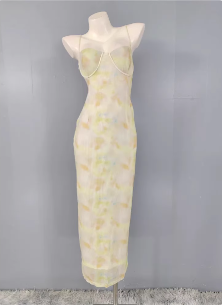 Fresh Gradient Print Spaghetti Strap Chiffon Long Formal Prom Dress Main image