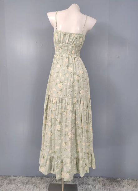 Fresh Green A-Line Spaghetti Strap V-Neck Floral Print Cotton Long Formal Prom Dress Secondary image