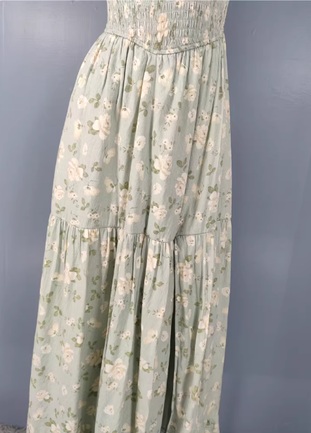 Fresh Green A-Line Spaghetti Strap V-Neck Floral Print Cotton Long Formal Prom Dress