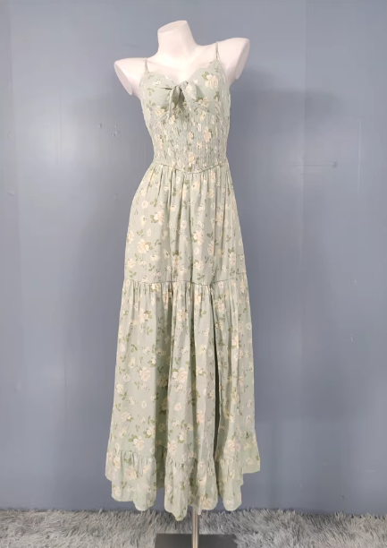 Fresh Green A-Line Spaghetti Strap V-Neck Floral Print Cotton Long Formal Prom Dress Main image