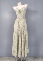 Fresh Green A-Line Spaghetti Strap V-Neck Floral Print Cotton Long Formal Prom Dress