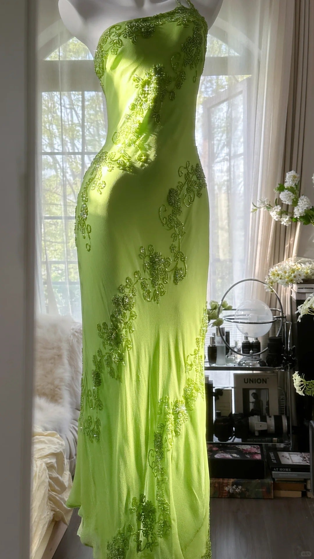 Fresh Green One Shoulder Chiffon Beaded Mermaid Prom Gown Formal Prom Dress