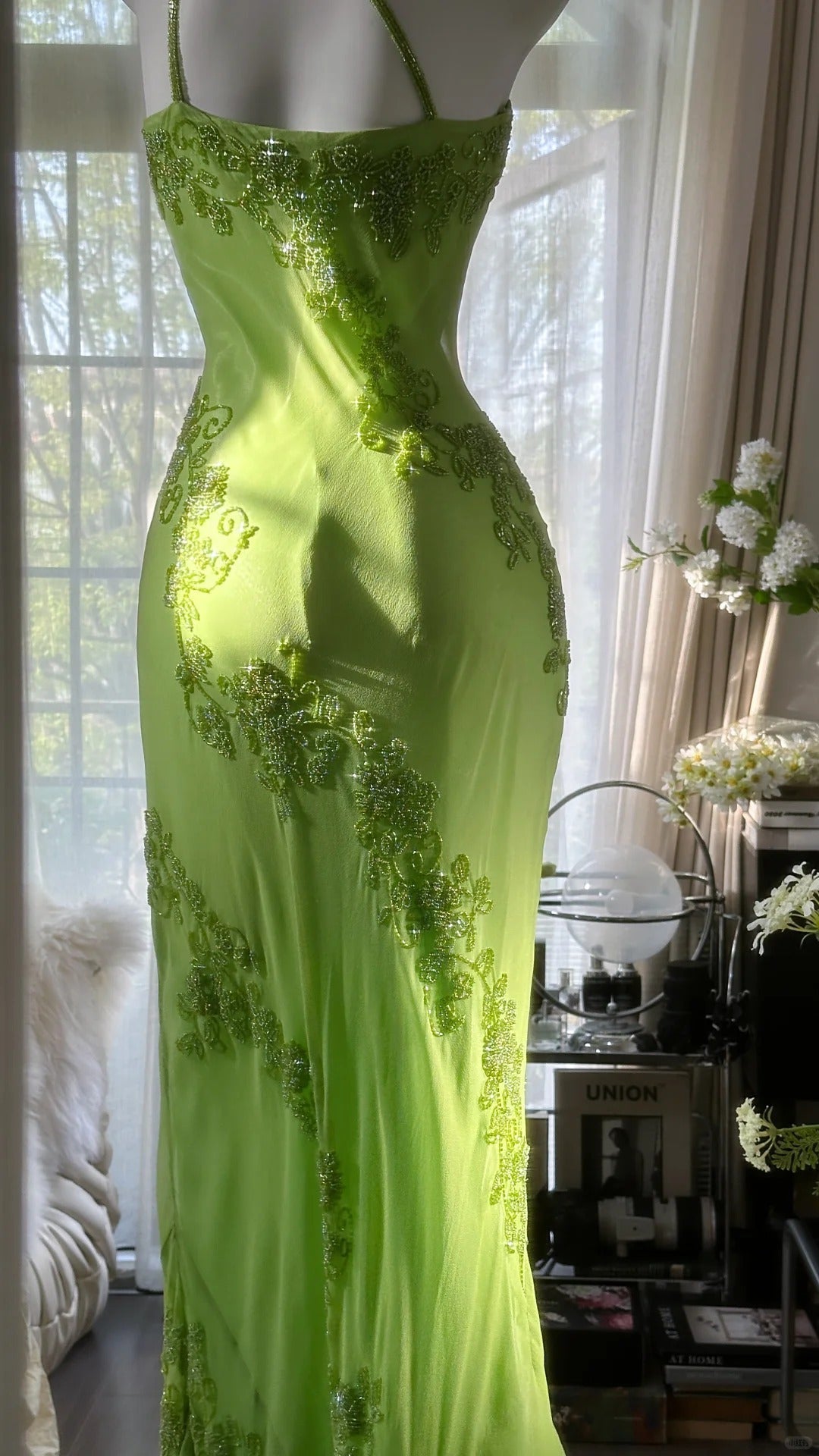 Fresh Green One Shoulder Chiffon Beaded Mermaid Prom Gown Formal Prom Dress