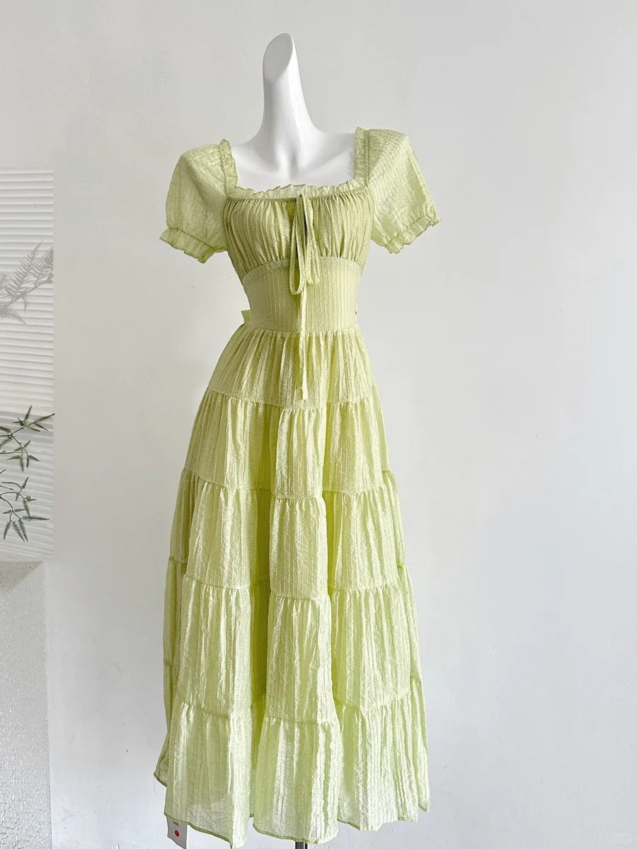 Fresh Light Green A-Line Short-Sleeved Back Hollow Long Formal Prom Dress Bridesmaid Dress Secondary image