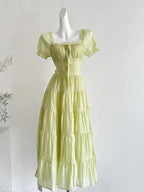 Fresh Light Green A-Line Short-Sleeved Back Hollow Long Formal Prom Dress Bridesmaid Dress