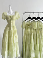 Fresh Light Green A-Line Short-Sleeved Back Hollow Long Formal Prom Dress Bridesmaid Dress