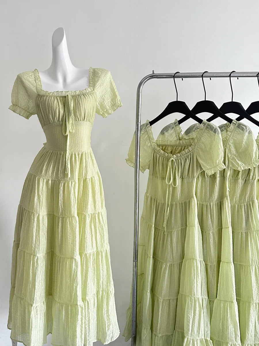 Fresh Light Green A-Line Short-Sleeved Back Hollow Long Formal Prom Dress Bridesmaid Dress