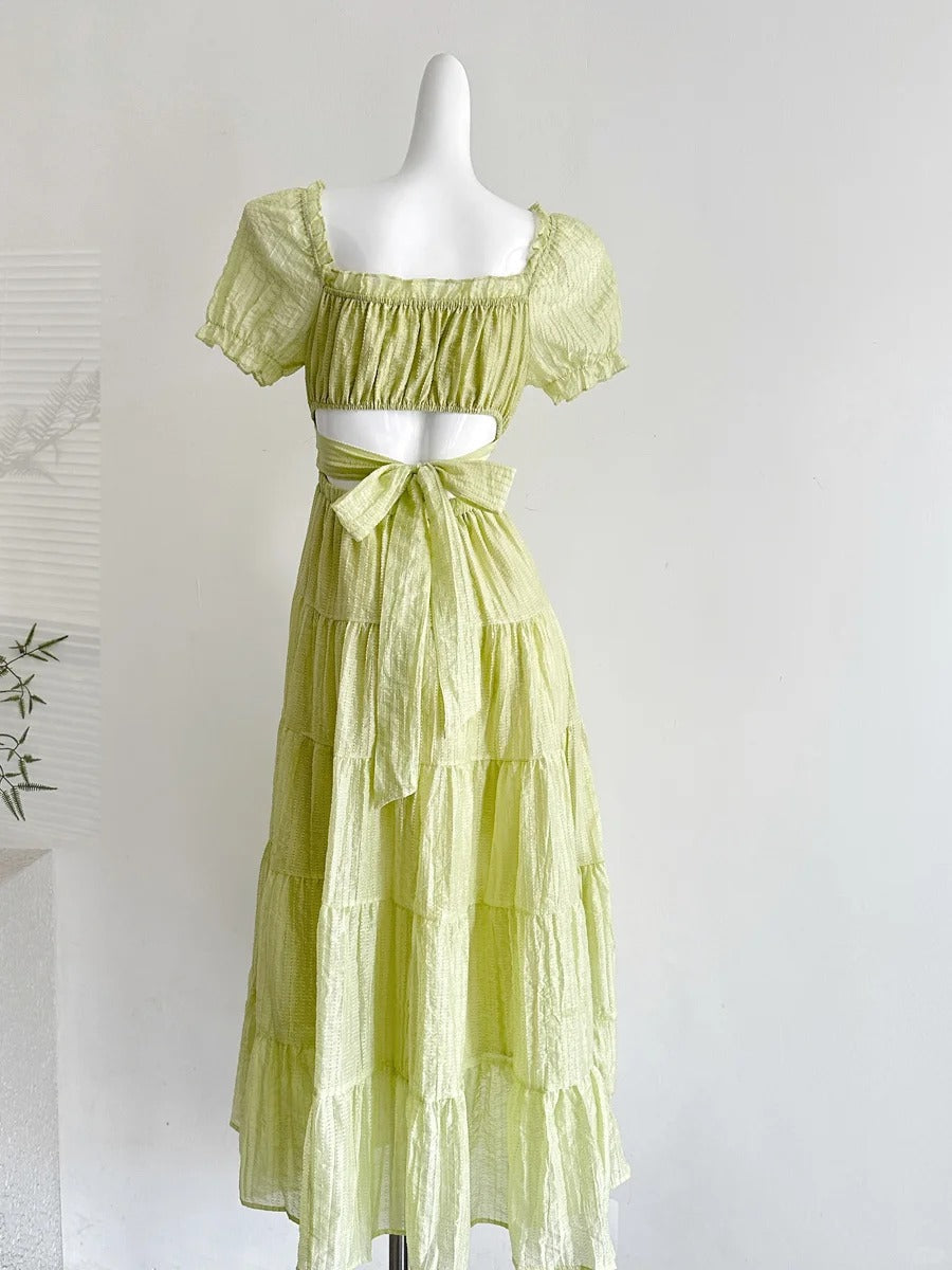 Fresh Light Green A-Line Short-Sleeved Back Hollow Long Formal Prom Dress Bridesmaid Dress