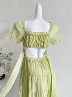 Fresh Light Green A-Line Short-Sleeved Back Hollow Long Formal Prom Dress Bridesmaid Dress