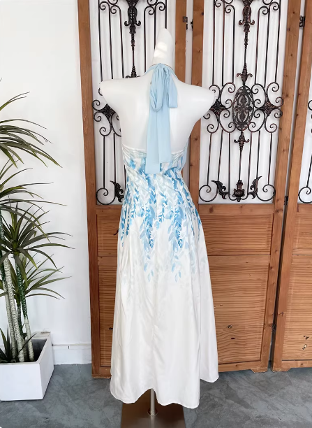 Fresh Printed A-Line Halter Neck Satin Long Formal Prom Dress Secondary image