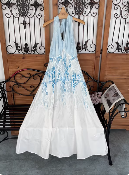 Fresh Printed A-Line Halter Neck Satin Long Formal Prom Dress
