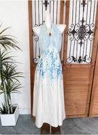 Fresh Printed A-Line Halter Neck Satin Long Formal Prom Dress
