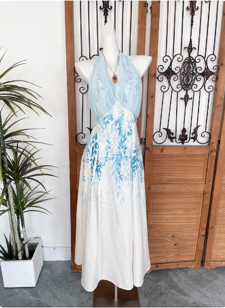 Fresh Printed A-Line Halter Neck Satin Long Formal Prom Dress