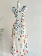 Fresh White Background Colorful Floral V-Neck Ruffle Waist Chiffon Long Formal Prom Dress