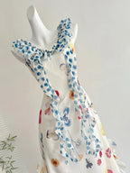 Fresh White Background Colorful Floral V-Neck Ruffle Waist Chiffon Long Formal Prom Dress