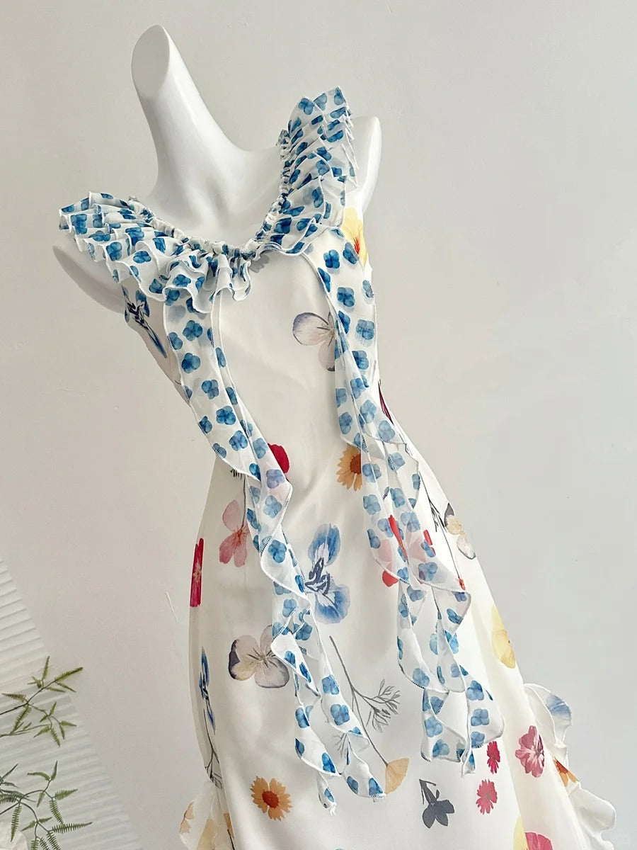 Fresh White Background Colorful Floral V-Neck Ruffle Waist Chiffon Long Formal Prom Dress