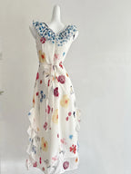 Fresh White Background Colorful Floral V-Neck Ruffle Waist Chiffon Long Formal Prom Dress