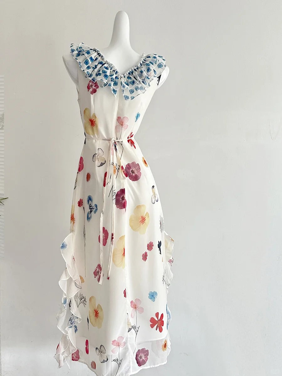 Fresh White Background Colorful Floral V-Neck Ruffle Waist Chiffon Long Formal Prom Dress