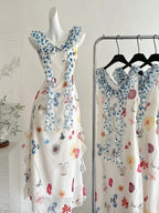 Fresh White Background Colorful Floral V-Neck Ruffle Waist Chiffon Long Formal Prom Dress