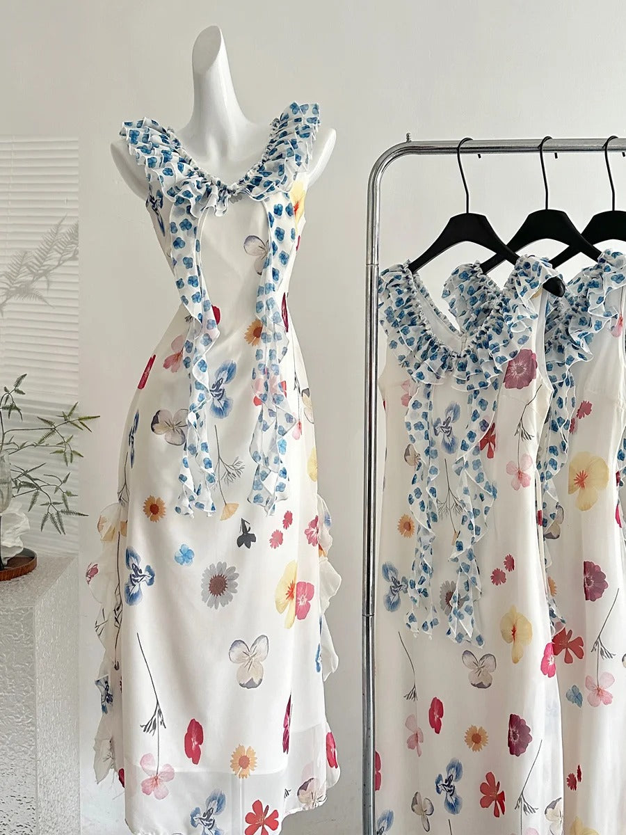 Fresh White Background Colorful Floral V-Neck Ruffle Waist Chiffon Long Formal Prom Dress