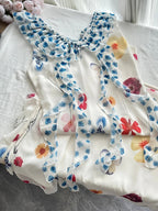 Fresh White Background Colorful Floral V-Neck Ruffle Waist Chiffon Long Formal Prom Dress
