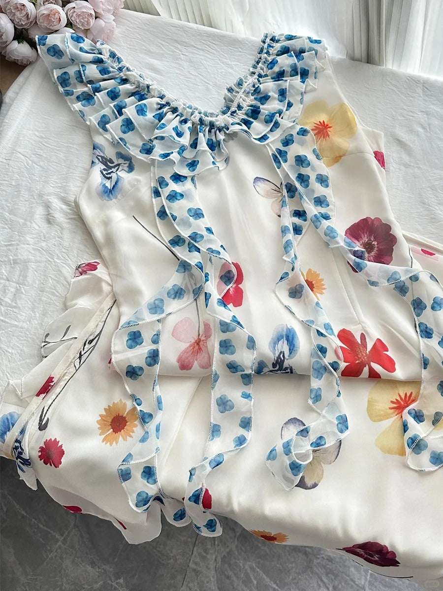 Fresh White Background Colorful Floral V-Neck Ruffle Waist Chiffon Long Formal Prom Dress