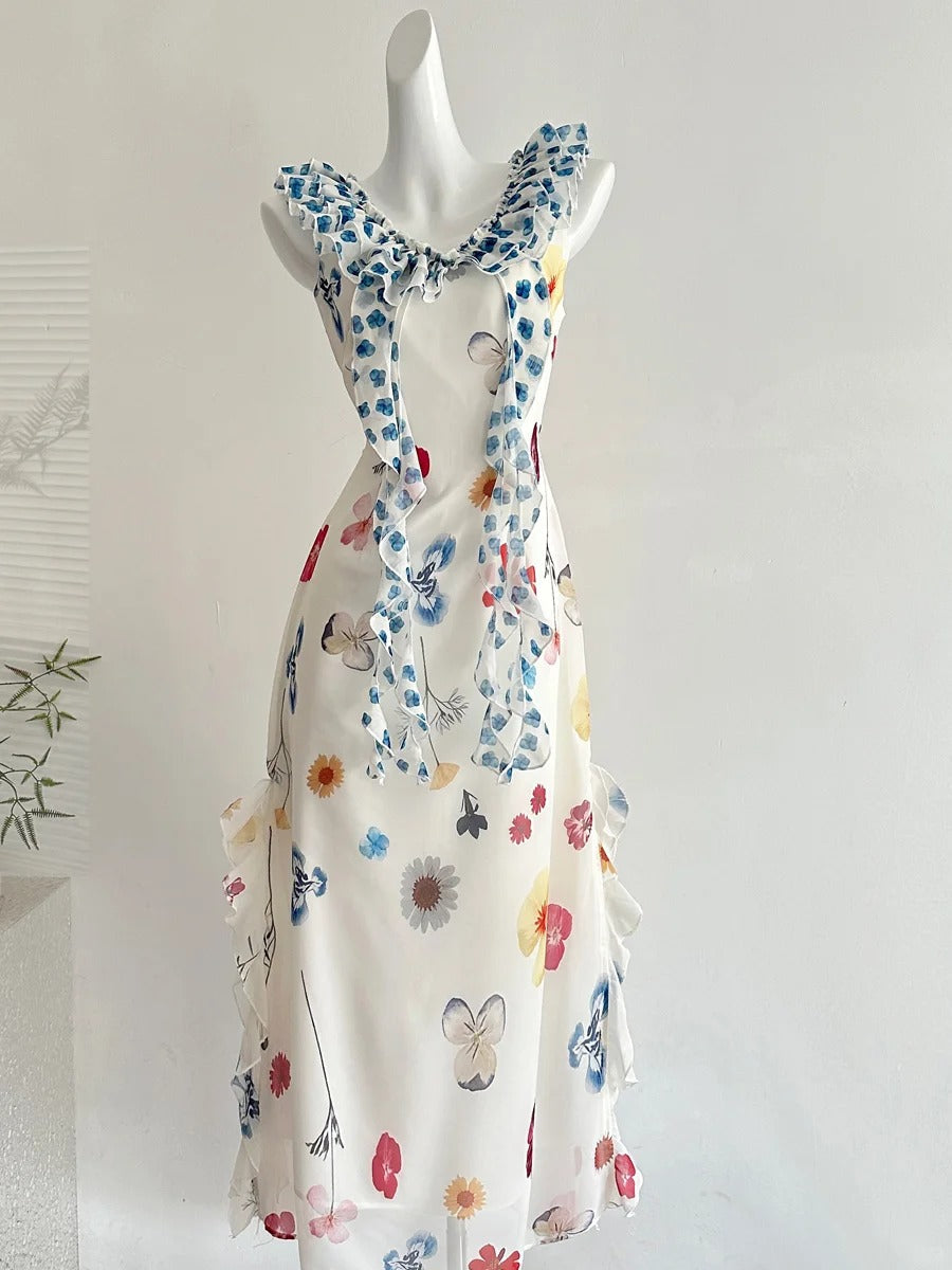Fresh White Background Colorful Floral V-Neck Ruffle Waist Chiffon Long Formal Prom Dress