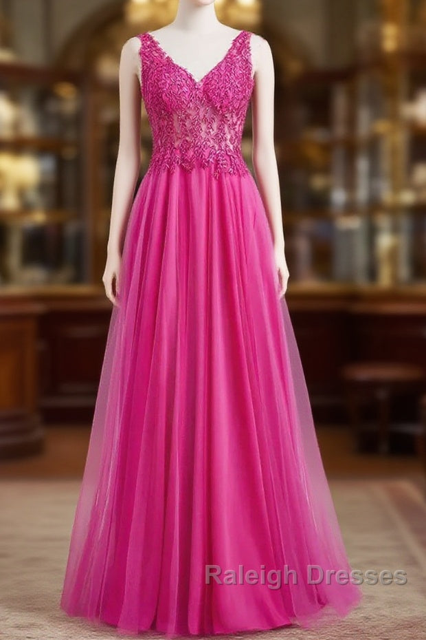 Fuchsia A-Line Long Prom Dress Plunging V Neck Floral Main image