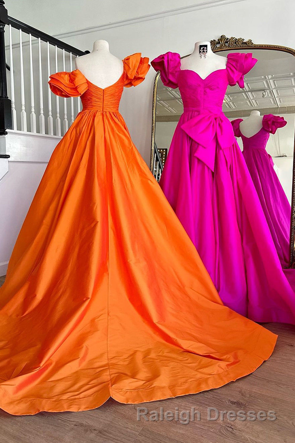 Fuchsia A Line Long Prom Dress with Puff Sleeves Secondary image