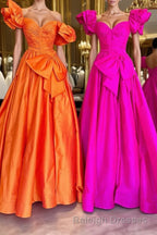 Fuchsia A Line Long Prom Dress with Puff Sleeves