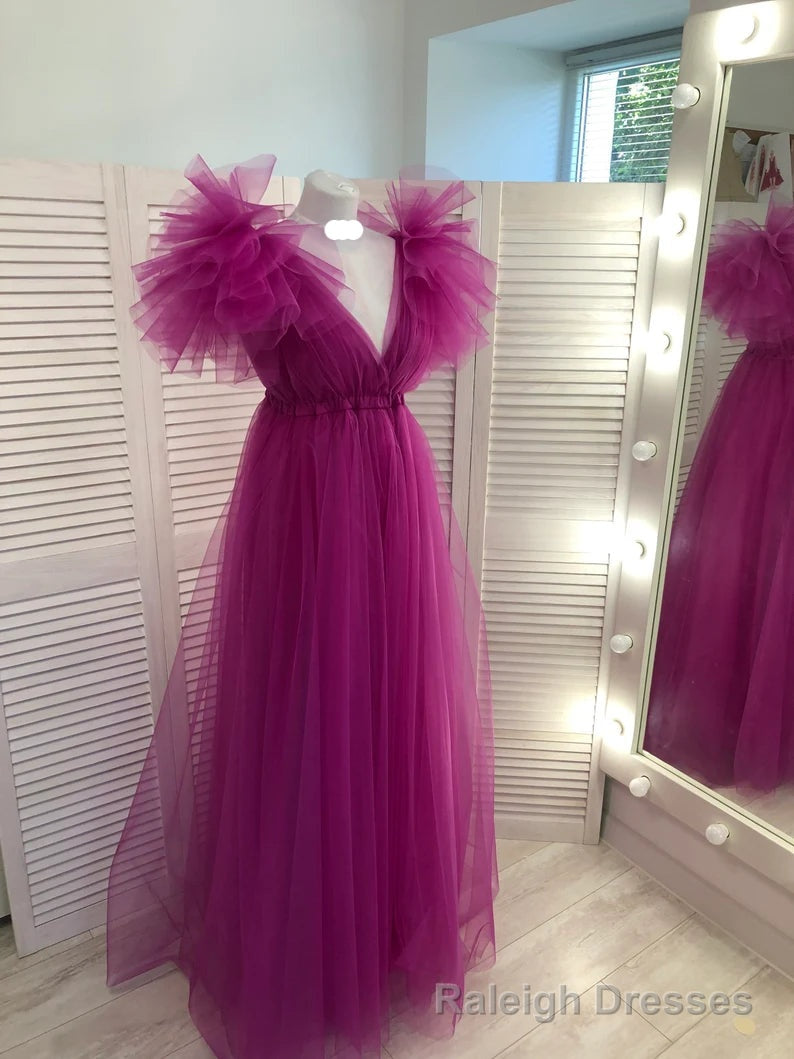 Fuchsia A-line V Neck Tulle Prom Dress Main image