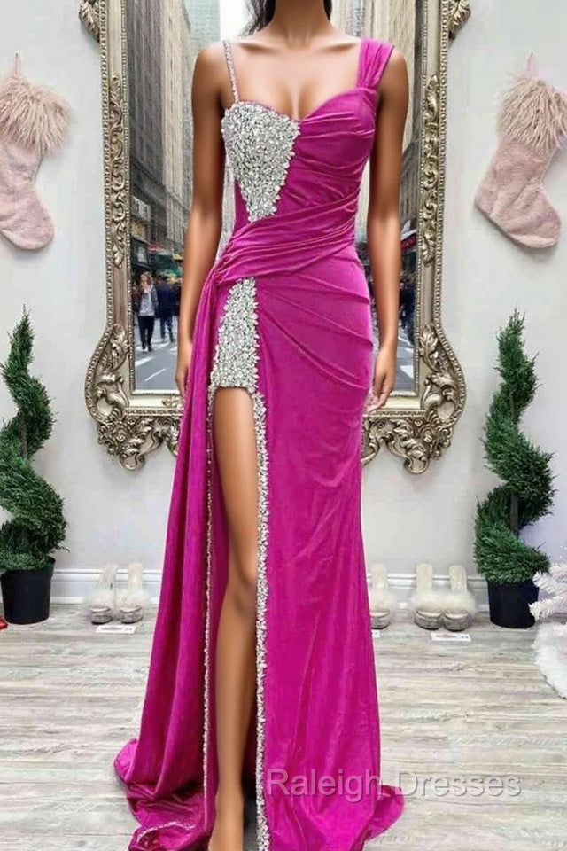 Fuchsia Asymmertrical Beaded Crystal Prom Dress