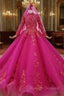 Fuchsia Ball Gown High Neck Long Sleeve Appliques Beading Wedding Dress