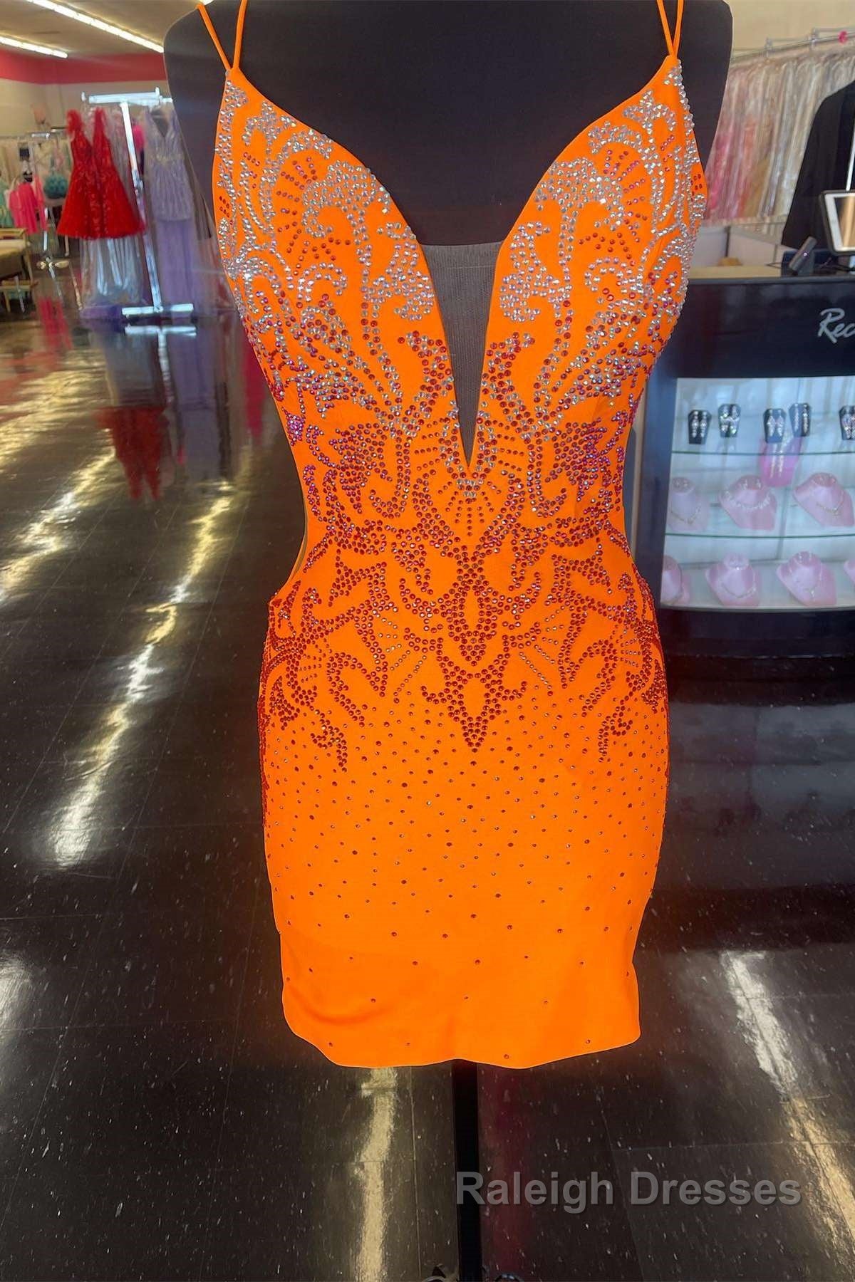 Fuchsia Beaded Plunge V Lace-Up Short Homecoming Dress