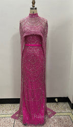 Fuchsia Beading Prom Dresses Sweep Train High Neck Zipper Sleeveless Evening Dresses
