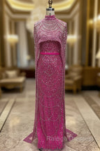 Fuchsia Beading Prom Dresses Sweep Train High Neck Zipper Sleeveless Evening Dresses