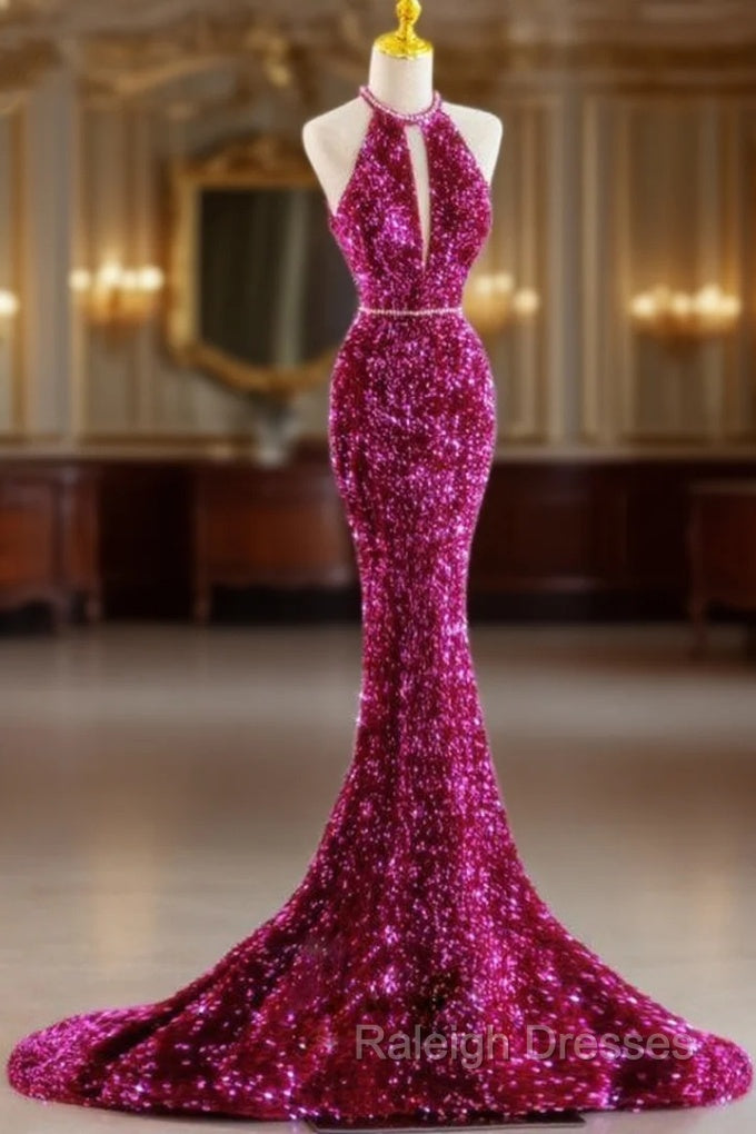 Fuchsia Mermaid Sequins Halter Prom Dress