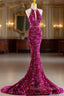 Fuchsia Mermaid Sequins Halter Prom Dress