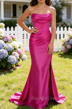 Fuchsia Mermaid Strapless Pleated Corset Long Prom Dress with Slit