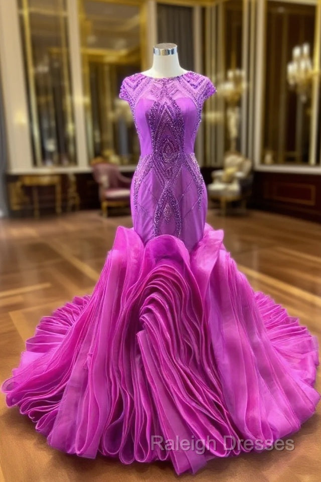 Fuchsia Mermaid Tulle Beading Prom Dress Main image