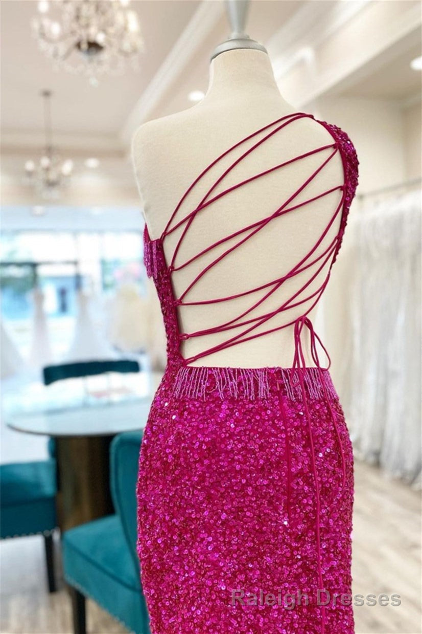 Fuchsia One Shoulder Lace-Up Sequins Homecoming Dress with Tassels Secondary image