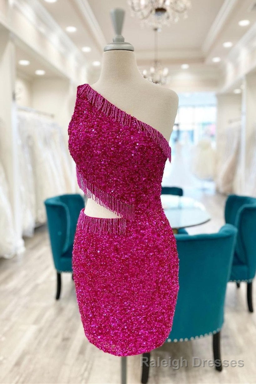 Fuchsia One Shoulder Lace-Up Sequins Homecoming Dress with Tassels Main image