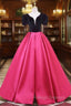 Fuchsia Satin Black Velvet Short Sleeve Prom Dress