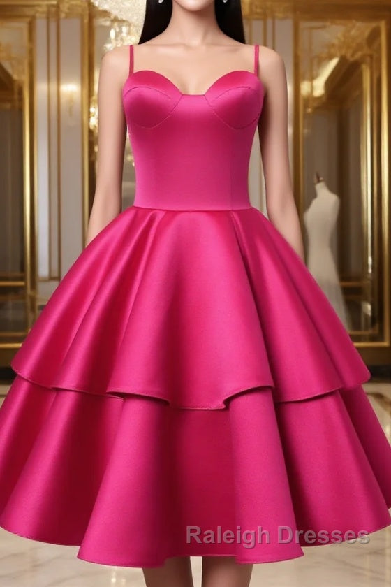 Fuchsia Satin Homecoming Dress Sweetheart Neck Tiered Short Graduation Dresses
