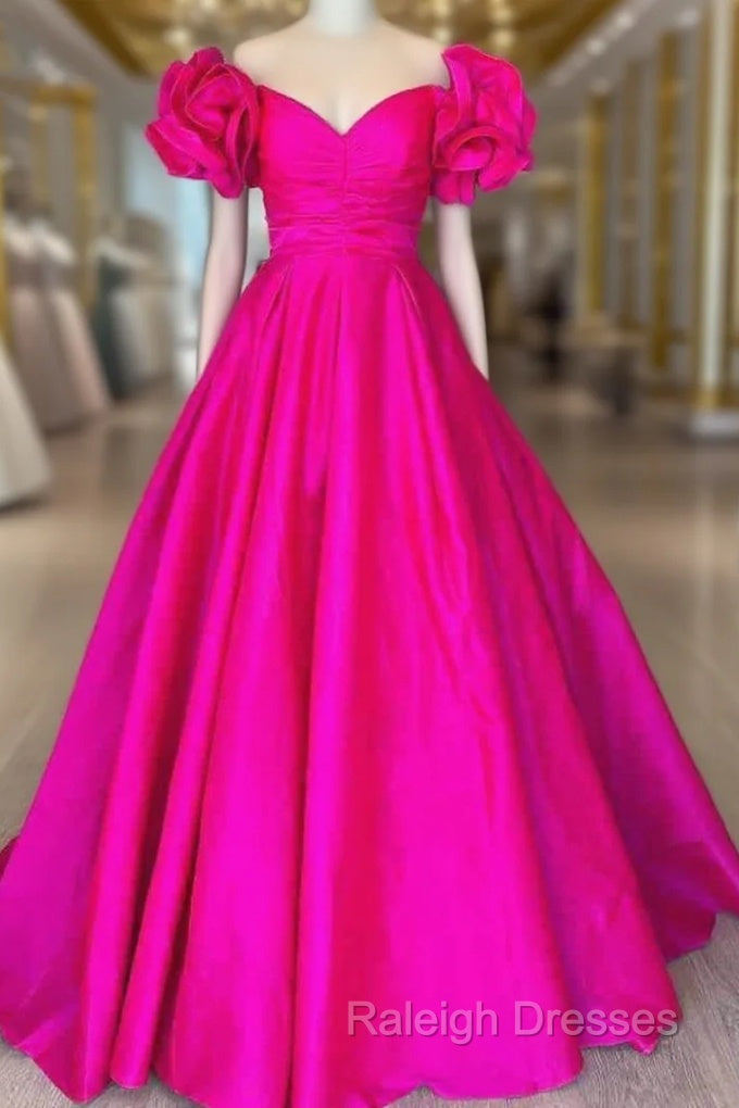 Fuchsia Satin Off the Shoulder Ruffle Prom Dress