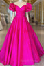 Fuchsia Satin Off the Shoulder Ruffle Prom Dress
