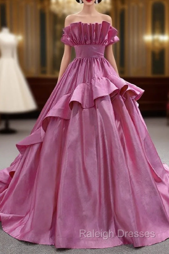 Fuchsia Satin Strapless Pleats Prom Dress