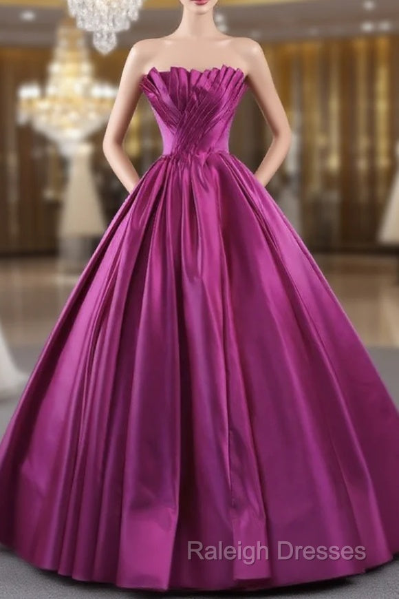 Fuchsia Satin Strapless Pleats Prom Dresses Main image