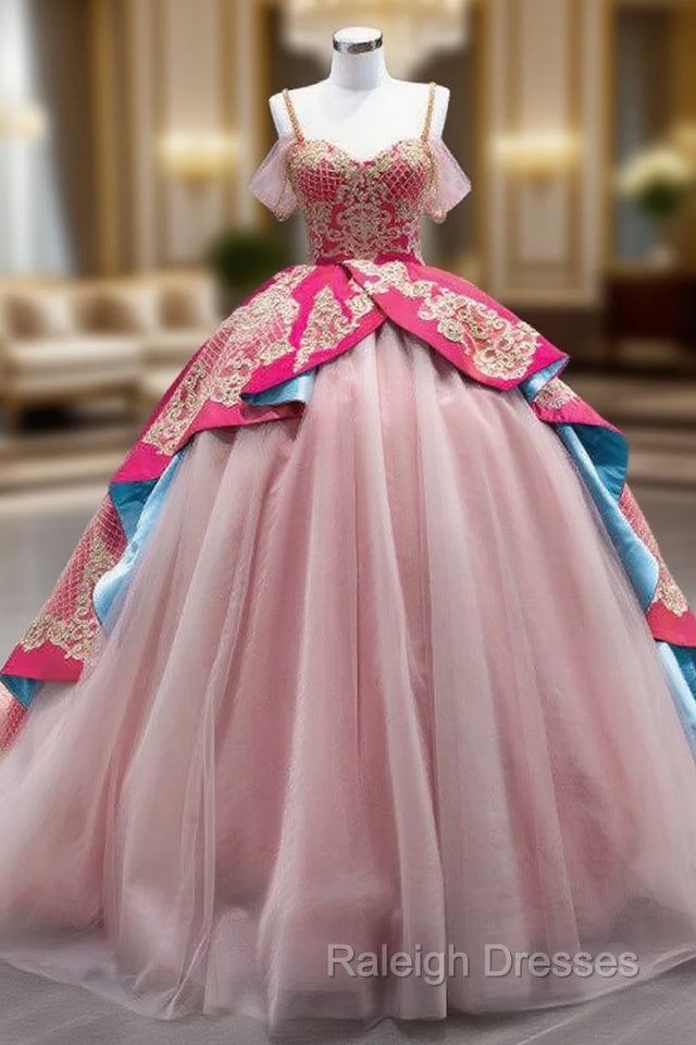 Fuchsia Satin Tulle Spaghetti Straps Appliques Prom Dress