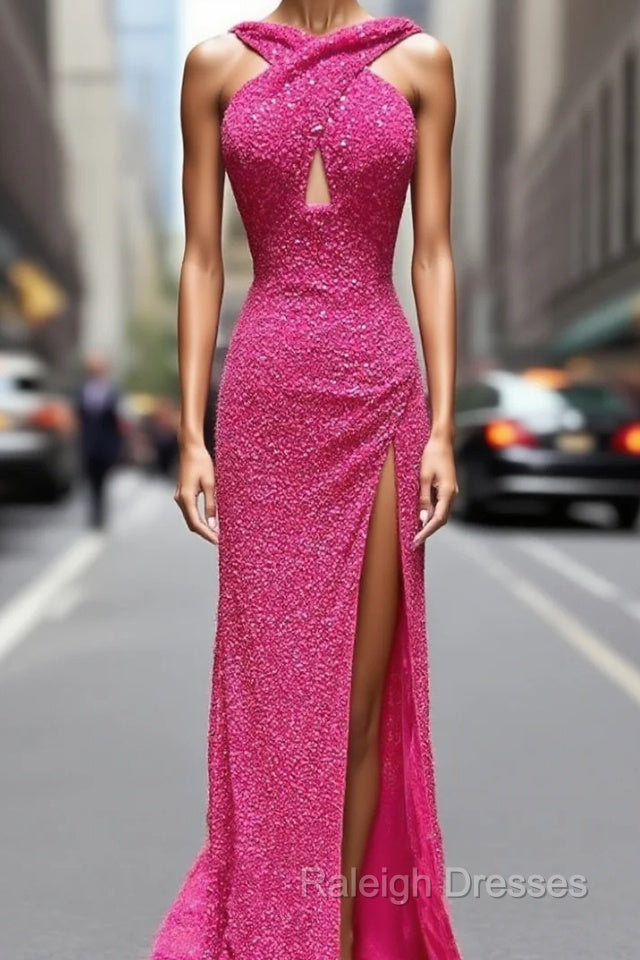 Fuchsia Sequins Backless Prom Dress